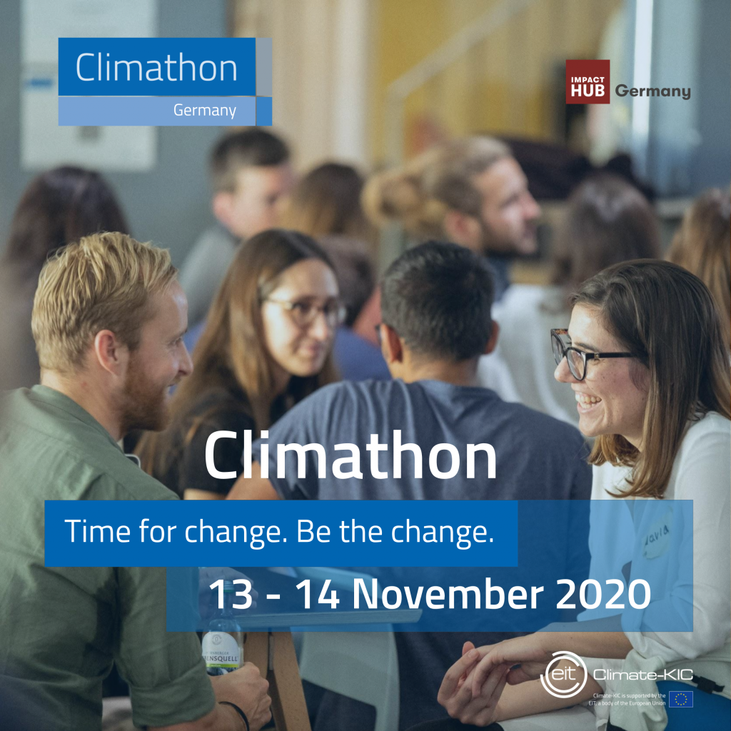 Foto von zusammensitzenden Menschen, Aufschrift: Climathon, Time for change. Be the change. 13.-14. November 2020