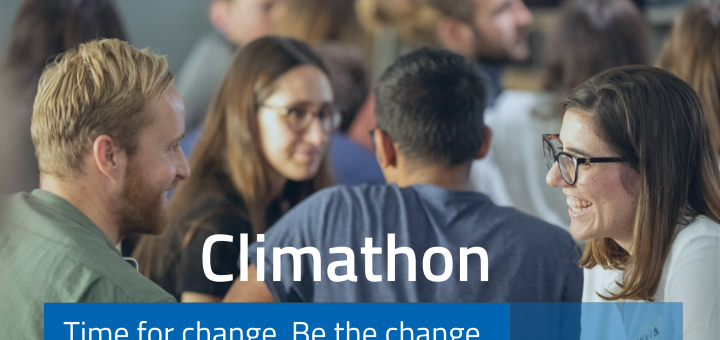 Foto von zusammensitzenden Menschen, Aufschrift: Climathon, Time for change. Be the change. 13.-14. November 2020