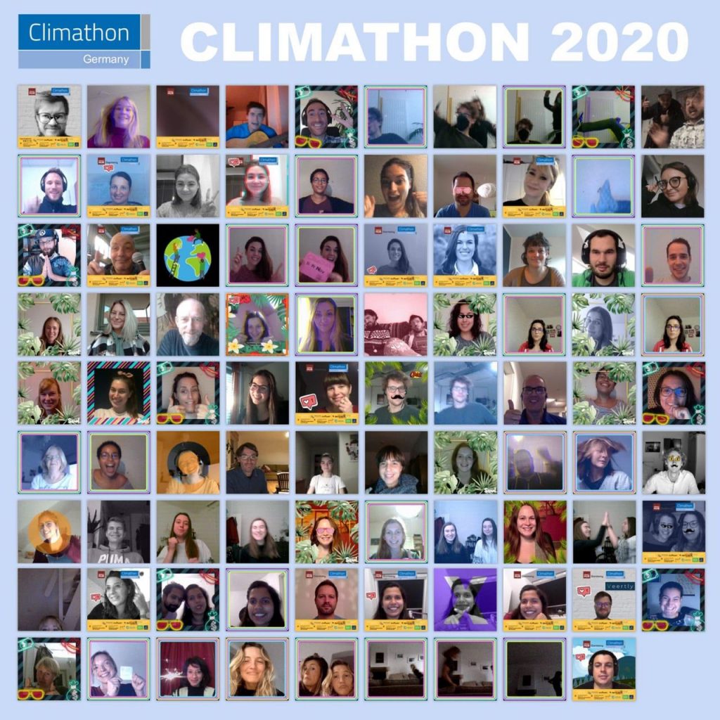 90 Fotos von Menschen vor ihrem Bildschirm bei Videokonferenzen, Bildüberschrift: CLIMATHON 2020