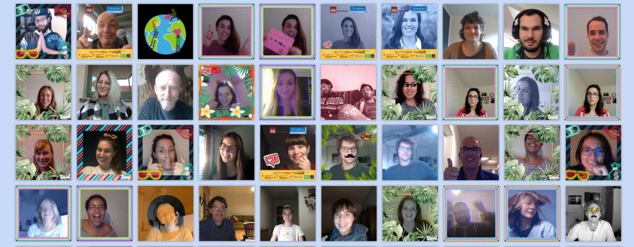 90 Fotos von Menschen vor ihrem Bildschirm bei Videokonferenzen, Bildüberschrift: CLIMATHON 2020