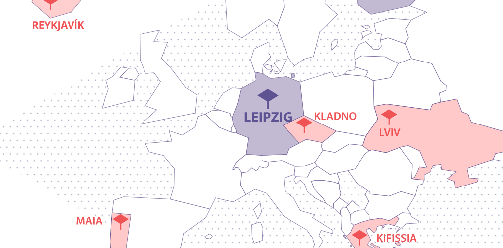 Landkarte weiß mit rot und lila hinterlegten Orten: Espoo, Leipzig, Kifissia, Maia, Kladno, Lviv, Reykjavik