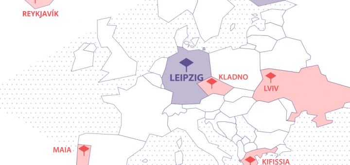 Landkarte weiß mit rot und lila hinterlegten Orten: Espoo, Leipzig, Kifissia, Maia, Kladno, Lviv, Reykjavik