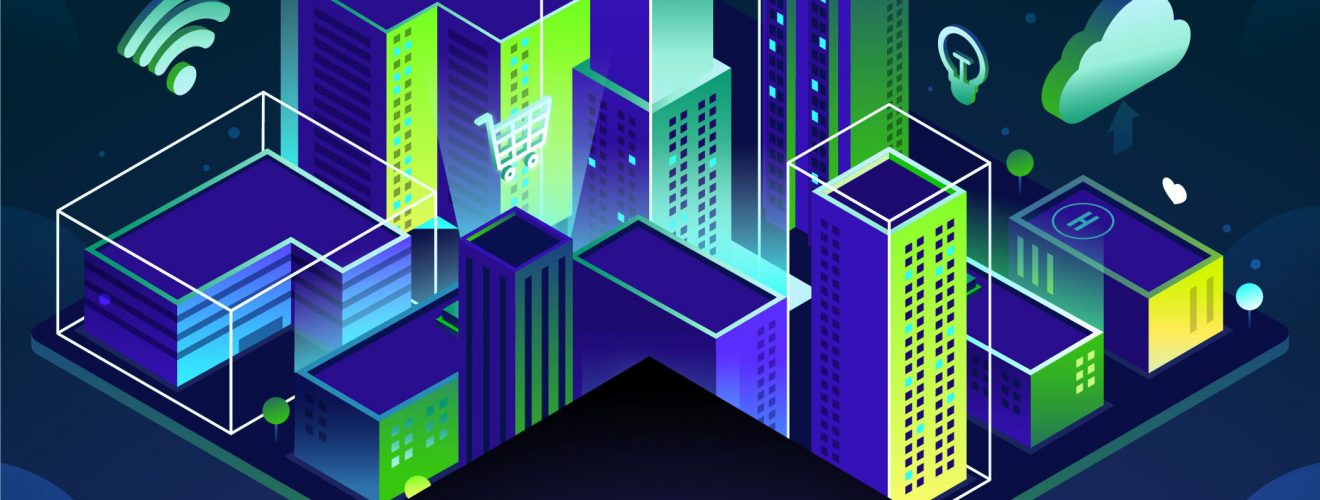 Neonblau- und grüne Gebäude mit Wlan-Symbol, Stromblitz-Symbol und weiteren Symbolen, im Vordergrund der Titel "Urbane Daten"