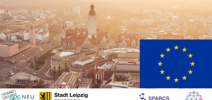 Foto Draufsicht von Leipzig, ergänzt durch Logos von Referat Digitale Stadt Leipzig, SPARCS, SmartCTClusters, NEU e.V. und eine Europafahne