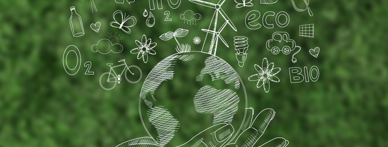 Man sieht auf grünem Hintergrund eine Hand, die eine Weltkugel hält und Symbole der Nachhaltigkeit