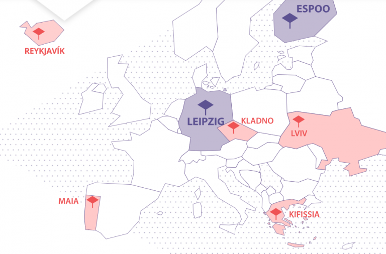 Landkarte weiß mit rot und lila hinterlegten Orten: Espoo, Leipzig, Kifissia, Maia, Kladno, Lviv, Reykjavik