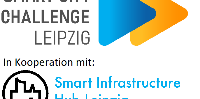 Neben dem Schriftzug "Smart City Challenge Leipzig In Kooperation mit: Smart Infrastructure Hub Leipzig" befinden sich zwei sich überlappende Dreiecke, links blau, rechts gelb/orange