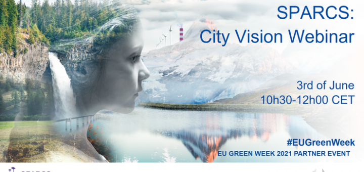 Flyer für SPARCS City Vision Webinar alle Infos im Artikel, im Hintergrund ein Foto eines Mädchens im Profil, sie trägt Wald als Haare und blickt auf einen See vor einem beschneiten Berg