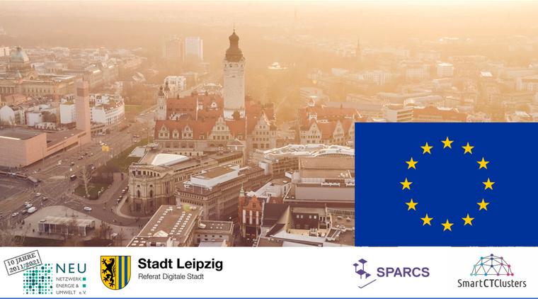 Foto Draufsicht von Leipzig, ergänzt durch Logos von Referat Digitale Stadt Leipzig, SPARCS, SmartCTClusters, NEU e.V. und eine Europafahne