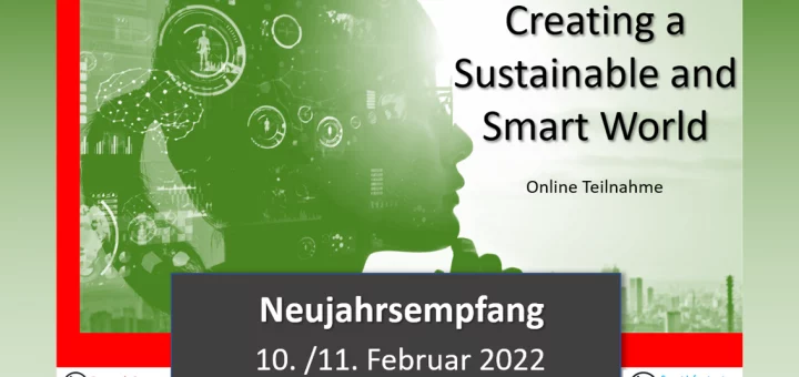 Links neben der Überschrift "Creating a Sustainable and Smart World ist ein Kopf im seitlichen Profil und grüner Farbe abgebildet. Zusätzlich befinden sich um den Kopf Symbole, die Vernetzung symbolisieren.