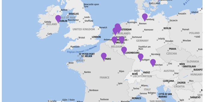 Karte mit Einsatzorten von Cenero One: Irland, Frankreich, Spanien, Niederlande, Deutschland, Dänemark, Schweden, Norwegen, Belgien und Luxemburg