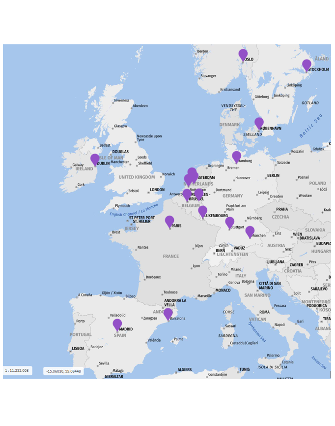 Karte mit Einsatzorten von Cenero One: Irland, Frankreich, Spanien, Niederlande, Deutschland, Dänemark, Schweden, Norwegen, Belgien und Luxemburg