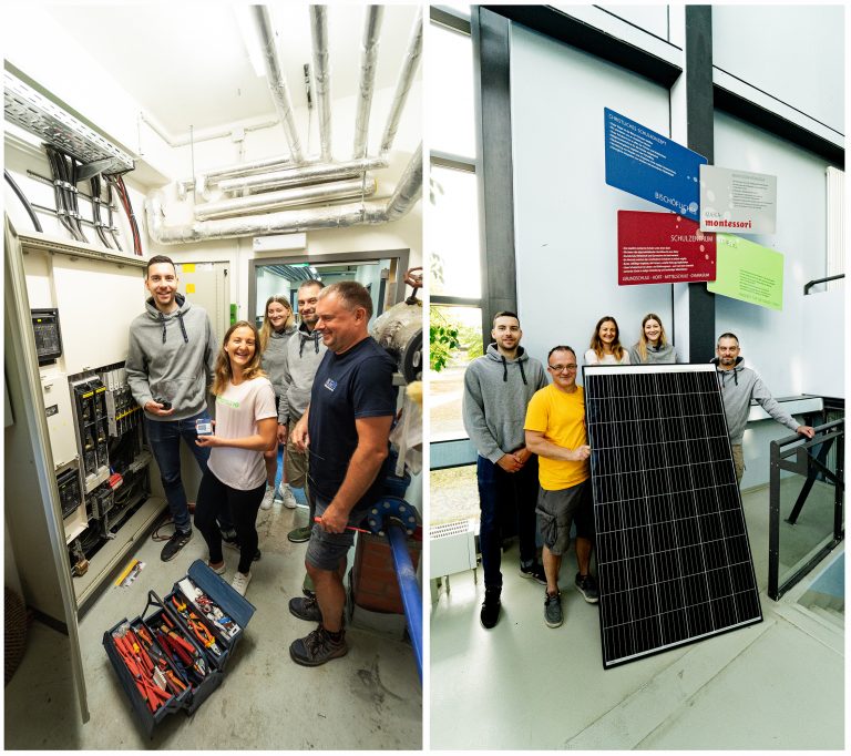 Zwei Bilder hochkant nebeneinander: links stehen die Schülerinnen und Schüler mit Vertretern der CENERO vor einem Werkzeugkastenneben einer Sicherungsanlage und lächeln in die Kamera. Rechts posieren sie mit einem Photovoltaikmodul.